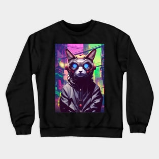 Techno Cat In Japan Neon City Crewneck Sweatshirt